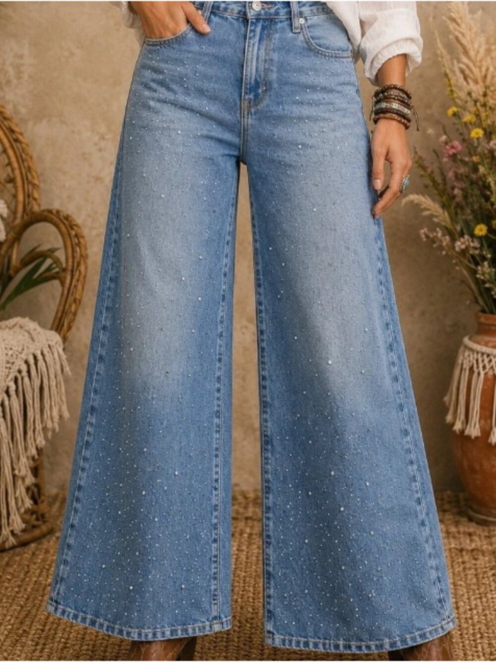 No Boundaries Womens High Rise Wide Leg Rhinestone Embellished Jeans Blue